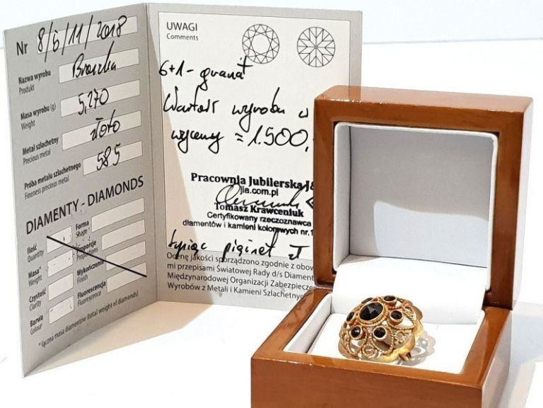 zlota-broszka-z-granatem-stan-uzywany