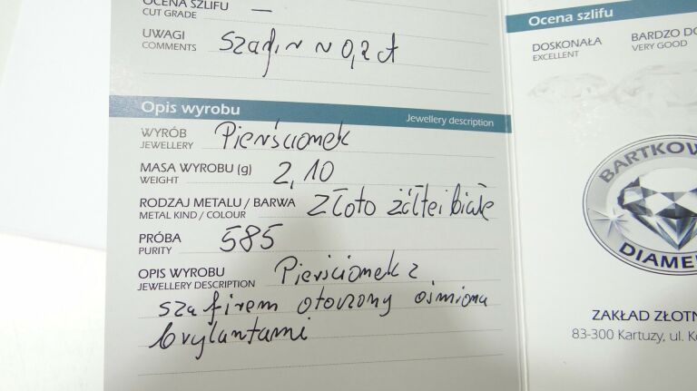 ZŁOTY PIERŚCIONEK Z SZAFIREM I DIAMENTAMI 19R