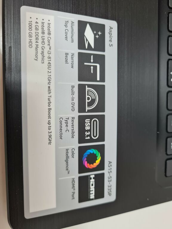 LAPTOP ACER ASPIRE A515-53-33SP WIN10/1TB/12GB RA