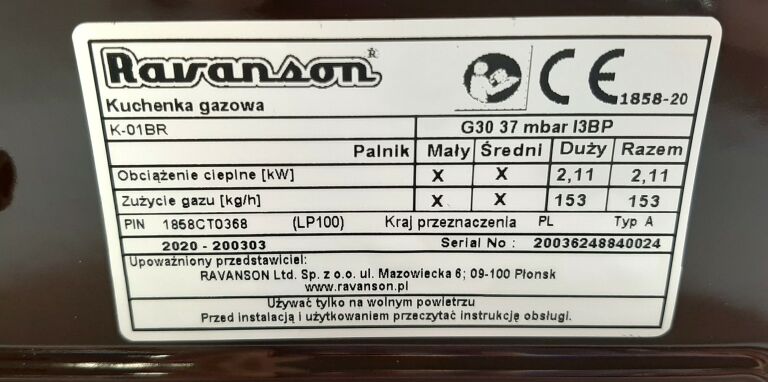 KUCHENKA GAZOWA RAVANSON K-01BR Z BUTLĄ GWARANCJA