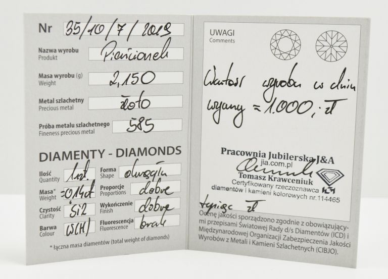 ZŁOTY PIERŚCIONEK [585; 2,15 G; R 11; 0,14CT] DIAMENT