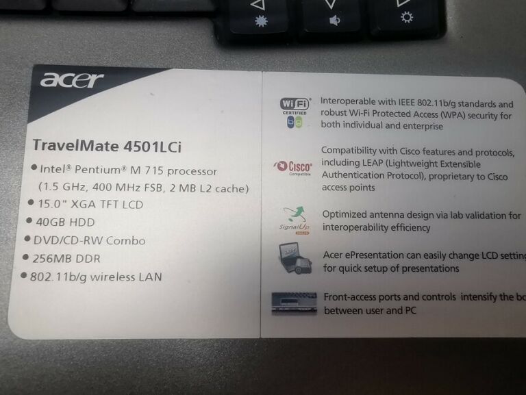LAPTOP ACER TRAVELMATE 4501 LCI