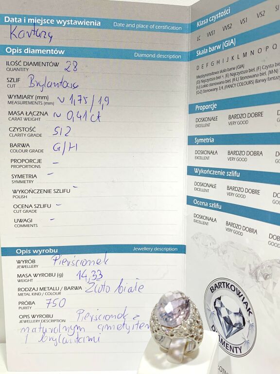 CUDNY PIERŚĆIONEK  BIAŁE ZŁOTO BRYLANTY AMETYST