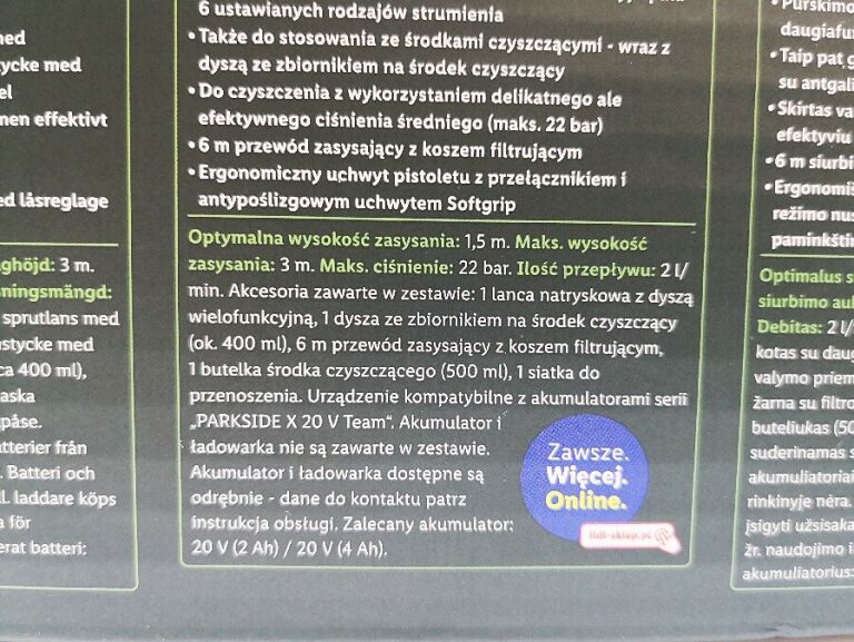 MYJKA CIŚNIENIOWA PARKSIDE PDRA 20-LI A1