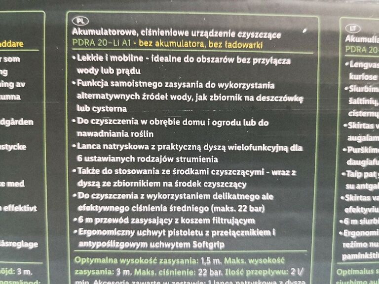MYJKA CIŚNIENIOWA PARKSIDE PDRA 20-LI A1