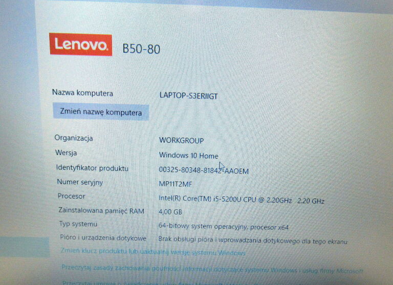 LAPTOP LENOVO G50-80 I5-5200U 4GB 1TB WIN 10 USZKODZONY