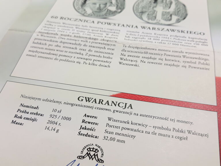 MONETA SREBRNA 60 ROCZNICA POWSTANIA WARSZAWSKIEG