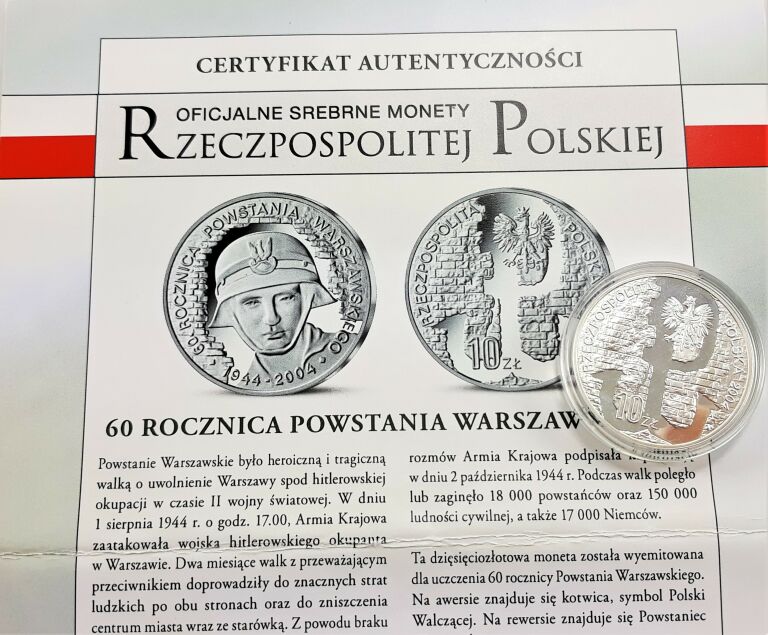 MONETA SREBRNA 60 ROCZNICA POWSTANIA WARSZAWSKIEG