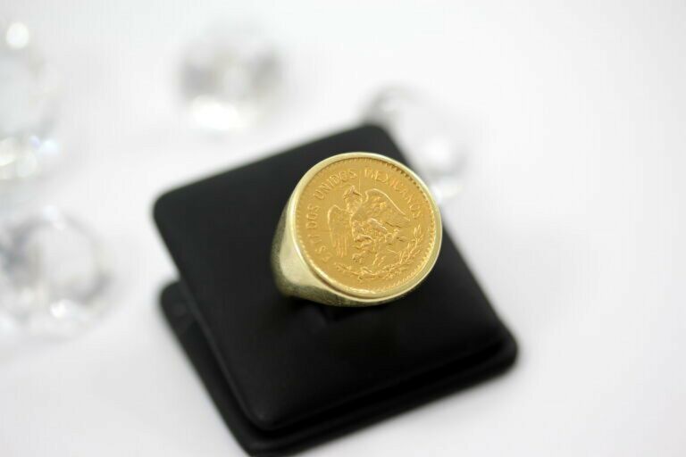 CUDOWNY ZŁOTY MĘSKI SYGNET 5 PESOS PR.585 PR.900