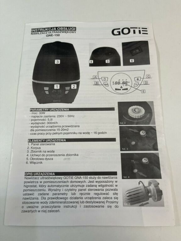 GOTIE ULTRADŹWIĘKOWY NAWILŻACZ POWIETRZA GNA-150
