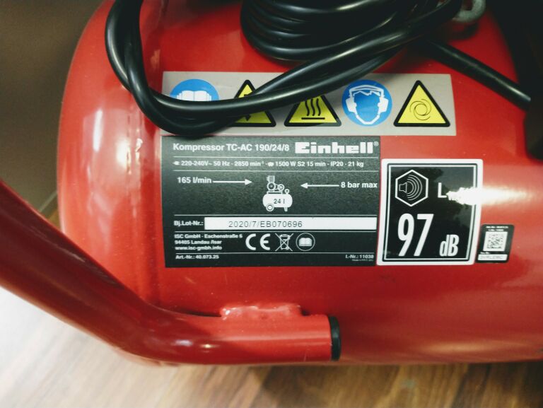 Compressore Einhell TC-AC 190/24/8 - 1500 W, 230 V, Rosso, Con Set Di 5 Accessori Per Utensili Ad Aria Compressa