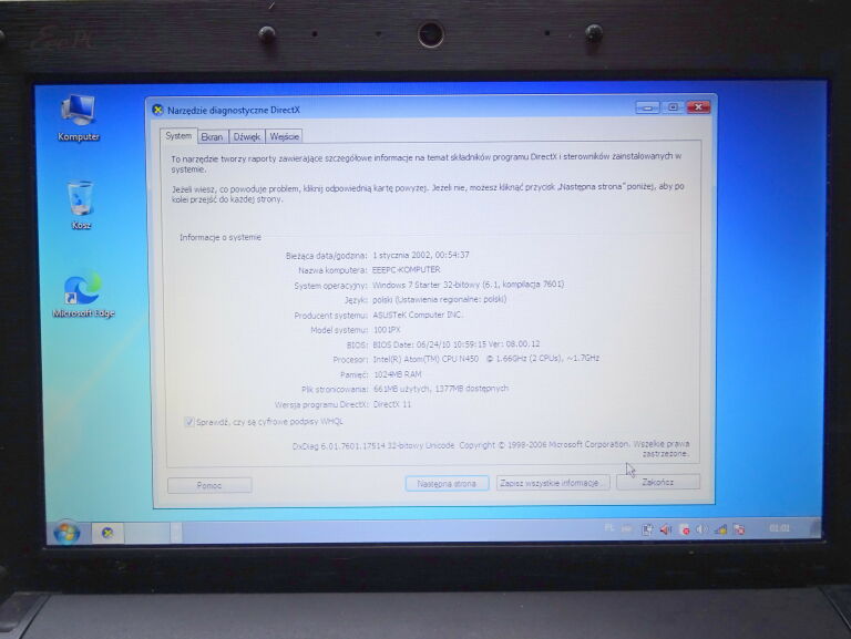 LAPTOP ASUS EEE PC 1001PX 1/200 GB + ZASILACZ