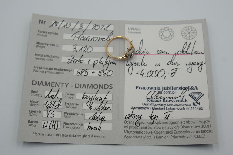 PIERŚCIONEK DIAMENT 0,27CT ZŁOTO/PLATYNA CERTI
