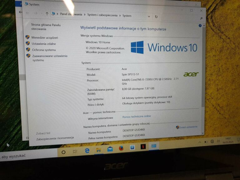 LAPTOP ACER SP513-51 FV/OBRÓT 360/GW/128GB/8GB