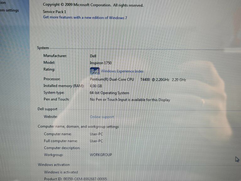 LAPTOP DELL INSPIRON 1750 DUAL CORE 4GB 320HDD