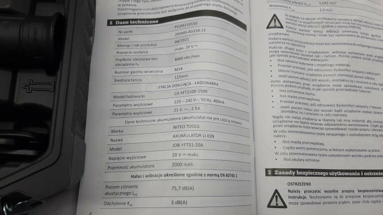 AKUMULATOROWA SZLIFIERKA KĄTOWA NITEO TOOLS