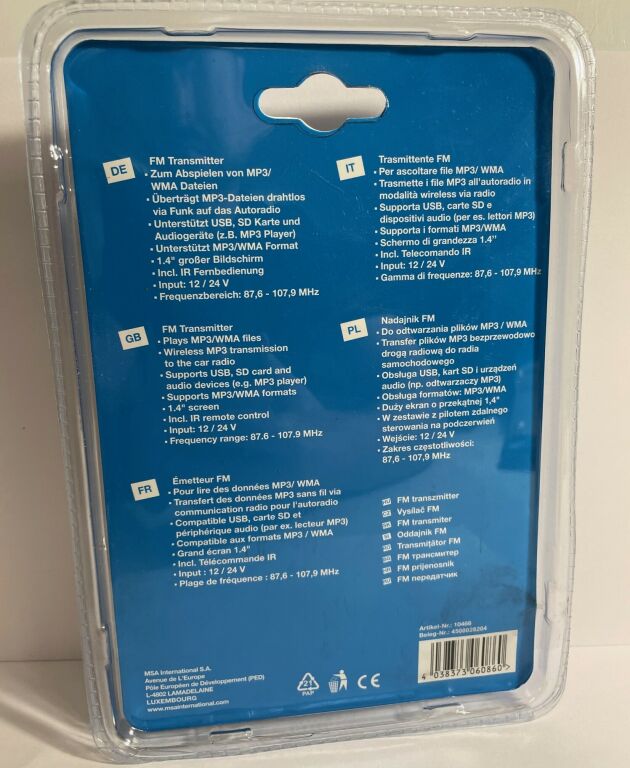 TRANSMITER FM Z PILOTEM MP3 USB SD 1,4' 12/24V