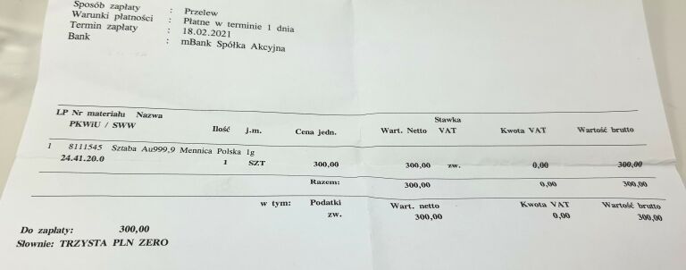 ZŁOTA SZTABKA AU 999,9 MENNICA POLSKA 1 G