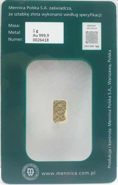 1G SZTABKA ZŁOTA MENNICA POLSKA P999,9