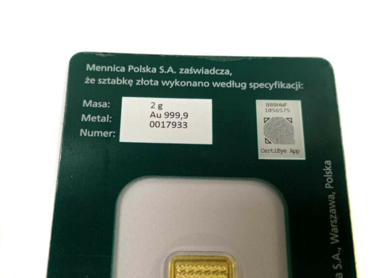 SZTABKA 2G MENNICA POLSKA PR999,9 CERTICARD