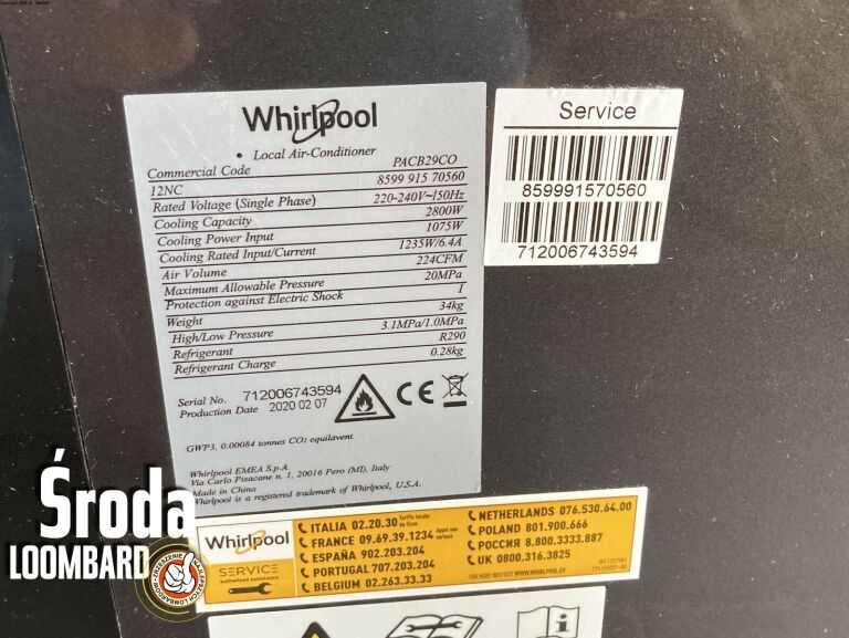 KLIMATYZATOR PRZENOŚNY WHIRLPOOL PACW29COL