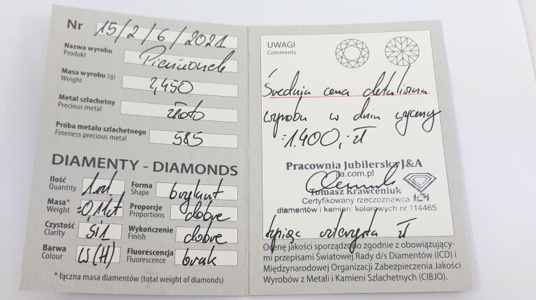 PIERŚCIONEK ZARĘCZYNOWY B.ZŁOTO DIAMENT 2,45 0,11C R15