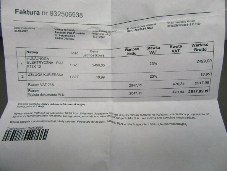 HULAJNOGA ELEKTRYCZNA FIAT 500X-F12 GWARANCJA IGŁ
