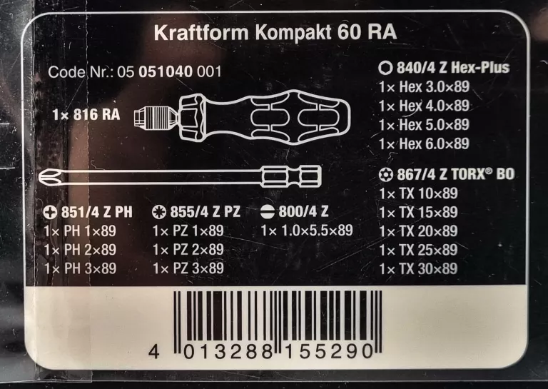 ZESTAW BITÓW UCHWYT KRAFTFORM KOMPAKT 60 RA WERA