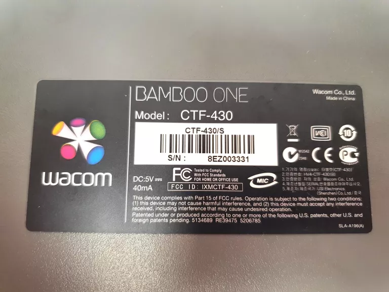 TABLET GRAFICZNY BAMBOO ONE CTF -430 GG-01