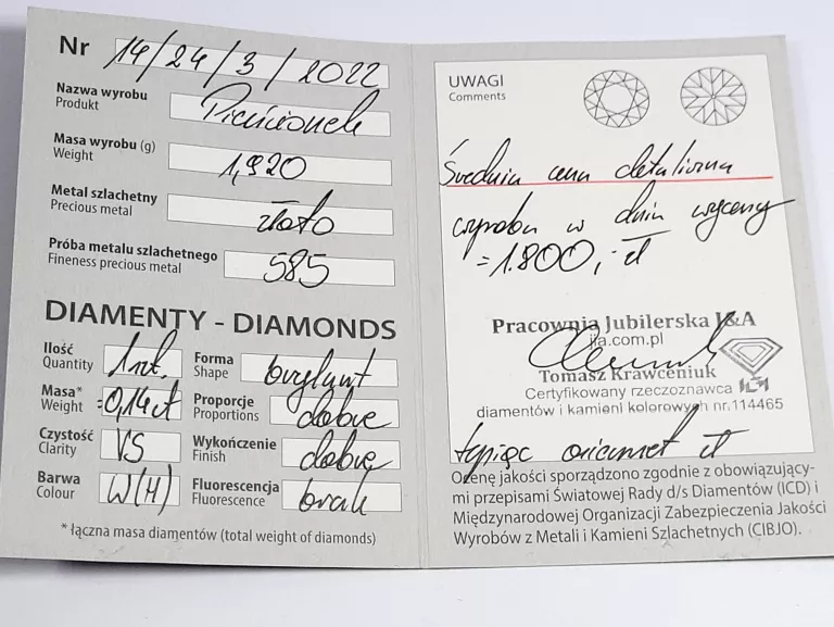 ŚLICZNY ZŁOTY PIERŚCIONEK Z BRYLANTEM 1,92GR 585