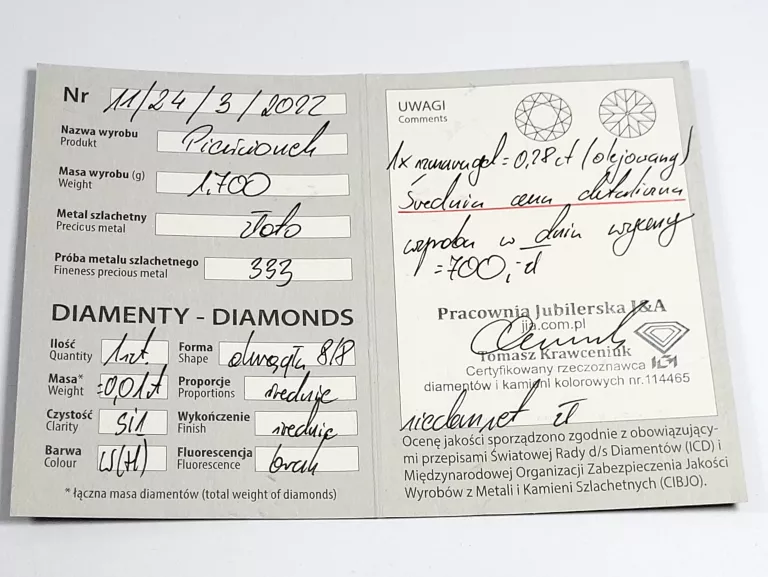 ŚLICZNY ZŁOTY PIERŚCIONEK Z DIAMENTEM 1,70 GR 333 18