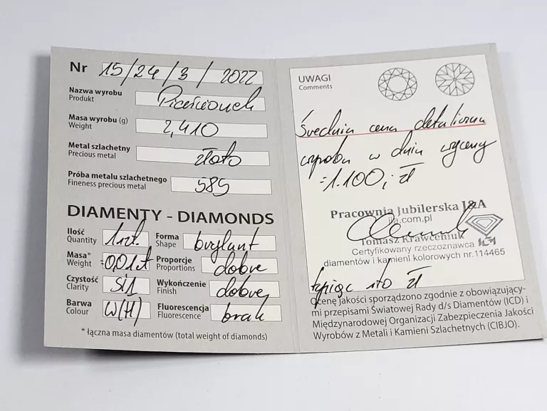 PIĘKNY ZŁOTY PIERŚCIONEK Z BRYLANTEM 2,41 GR 585