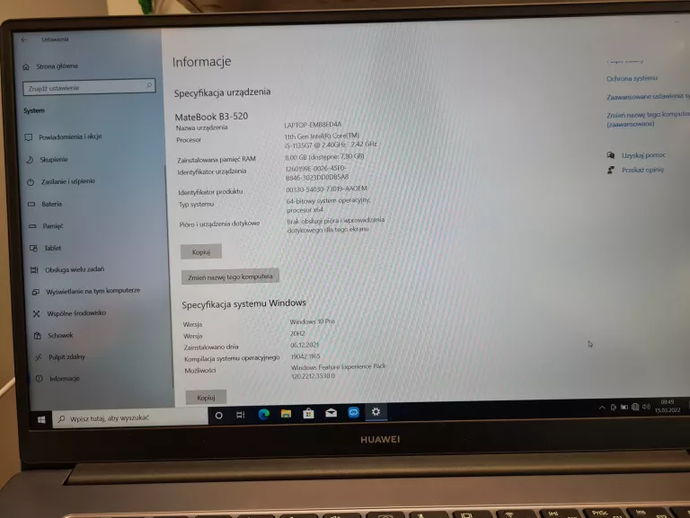 LAPTOP HUAWEI MATEBOOK D15 (B3-520) GW