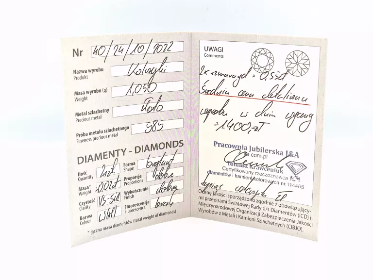 ZŁOTE KOLCZYKI DIAMENTY SZMARAGDY - 585 14K 1,05G