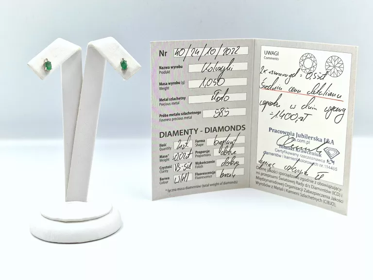 ZŁOTE KOLCZYKI DIAMENTY SZMARAGDY - 585 14K 1,05G