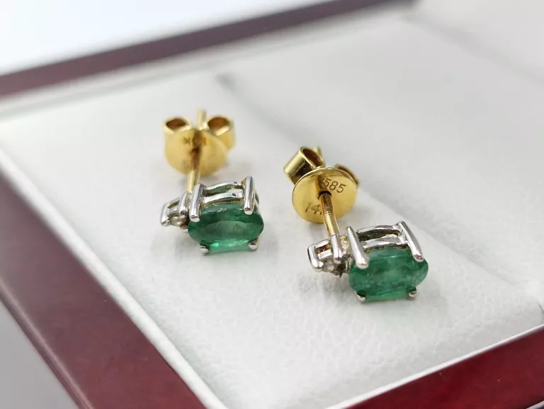 ZŁOTE KOLCZYKI DIAMENTY SZMARAGDY - 585 14K 1,05G