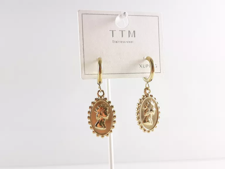 KOLCZYKI STAL POZŁACANA KÓŁKA WISZĄCA KAMEA