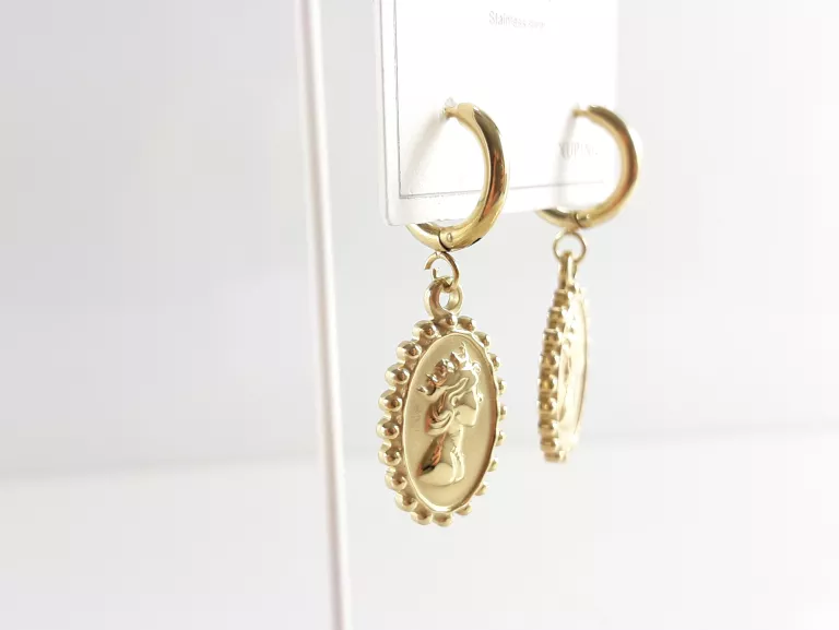 KOLCZYKI STAL POZŁACANA KÓŁKA WISZĄCA KAMEA