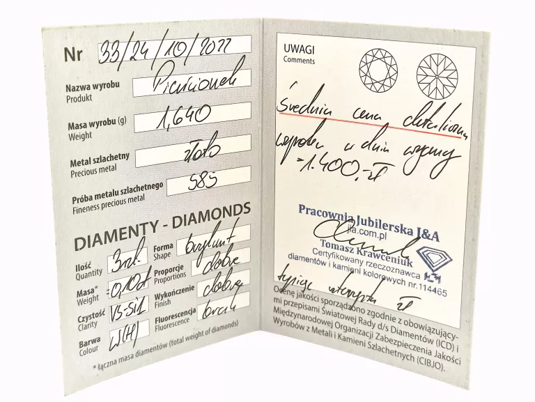 ZŁOTY PIERŚCIONEK DIAMENT 0,1CT - 585 1,66G R.11