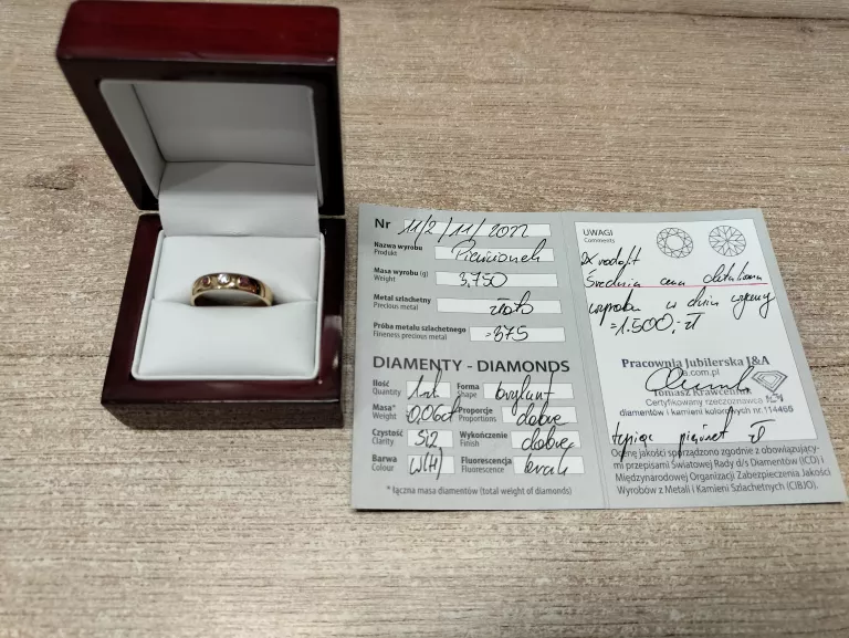 ZŁOTY PIERŚCIONEK 9K DIAMENT + 2X RODOFIT