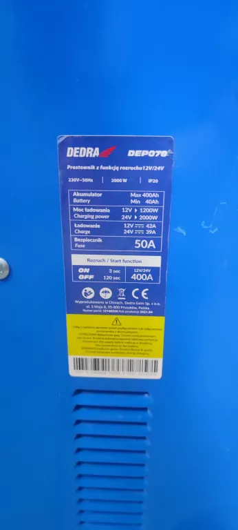 DEDRA DEP070 PROSTOWNIK+ ROZRUCH 12/24V 40-400AH