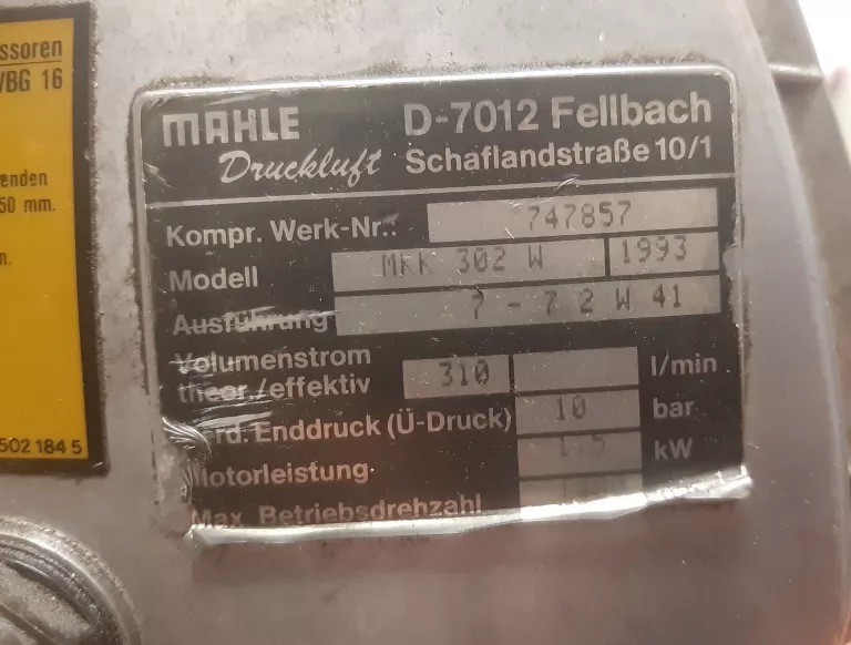 KOMPRESOR MAHLE MKK 302 1,5KW 10BAR 40L 310L/MIN