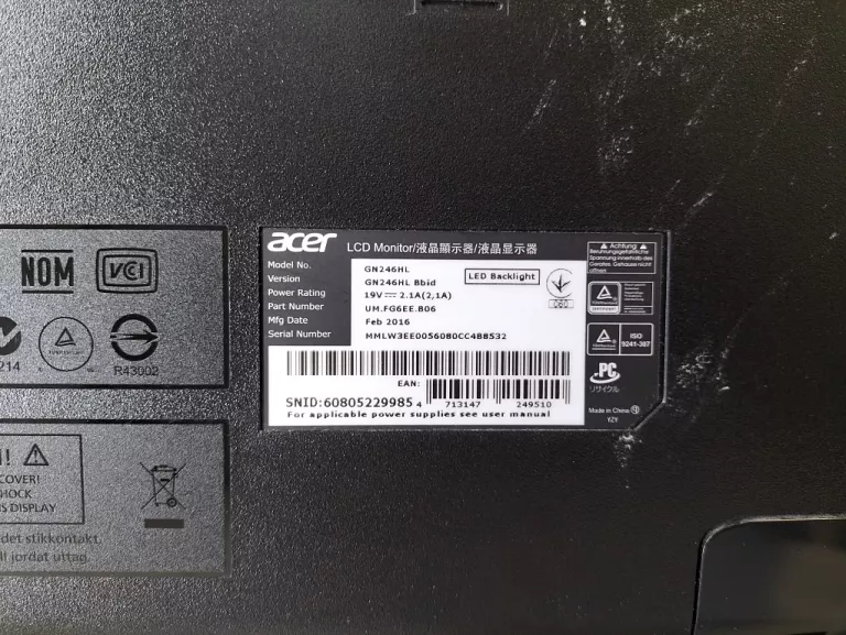 MONITOR ACER GN246HL 1MS 144HZ FULL HD HDMI LED