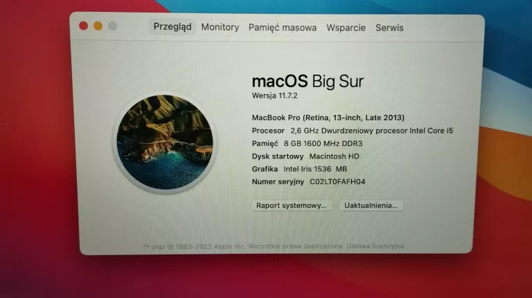 LAPTOP APPLE MACBOOK PRO A1502 8GB/256GB/I5