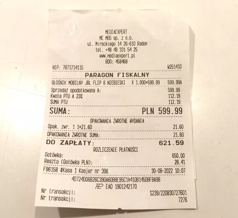 GŁOŚNIK JBL FLIP 6 GWARANCJA DO 30,08,2024