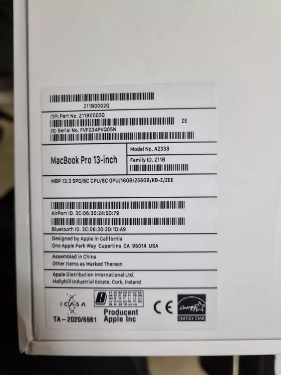 LAPTOP MACBOOK PRO A2338 13,3" 16/256GB