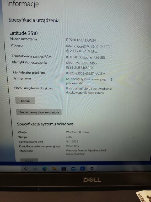 LAPTOP DELL LATITUDE 3510 I3 1011U 2.1GHZ 8/512GB