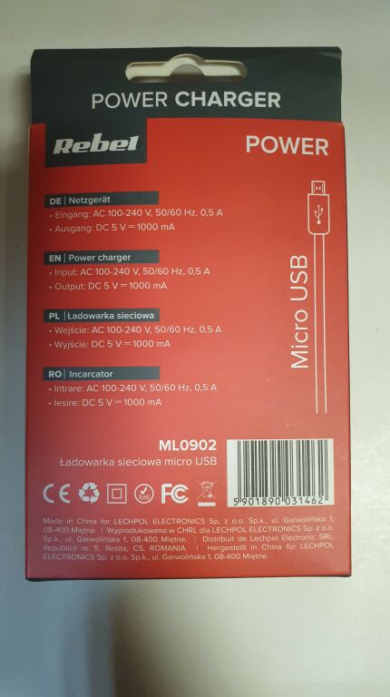 ŁADOWARKA SIECIOWA REBEL ML0902 MICRO USB 1A