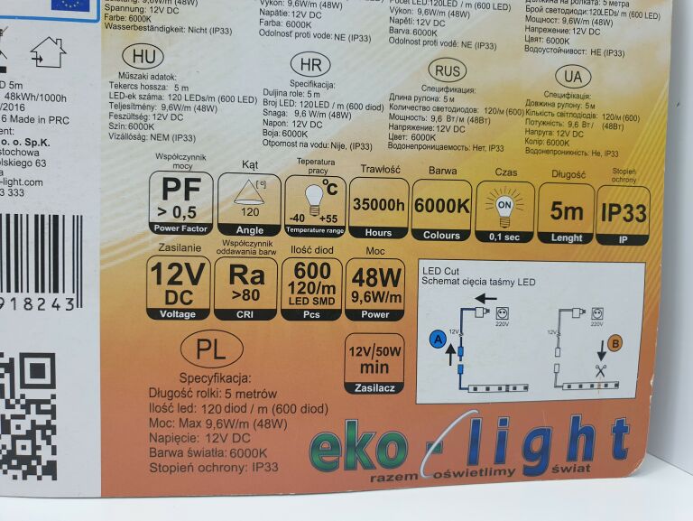 TAŚMA LED 5M 48W 6000K IP33 EKO- LIGHT 12V