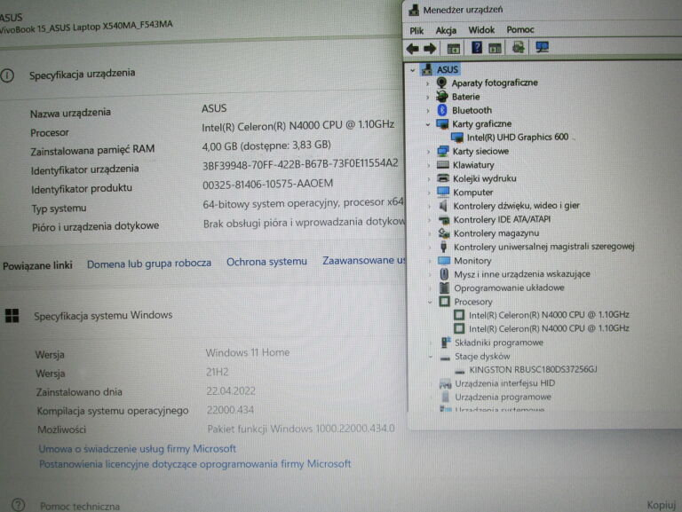 LAPTOP ASUS F543M 256GB SSD/4GB/CELERON N4000